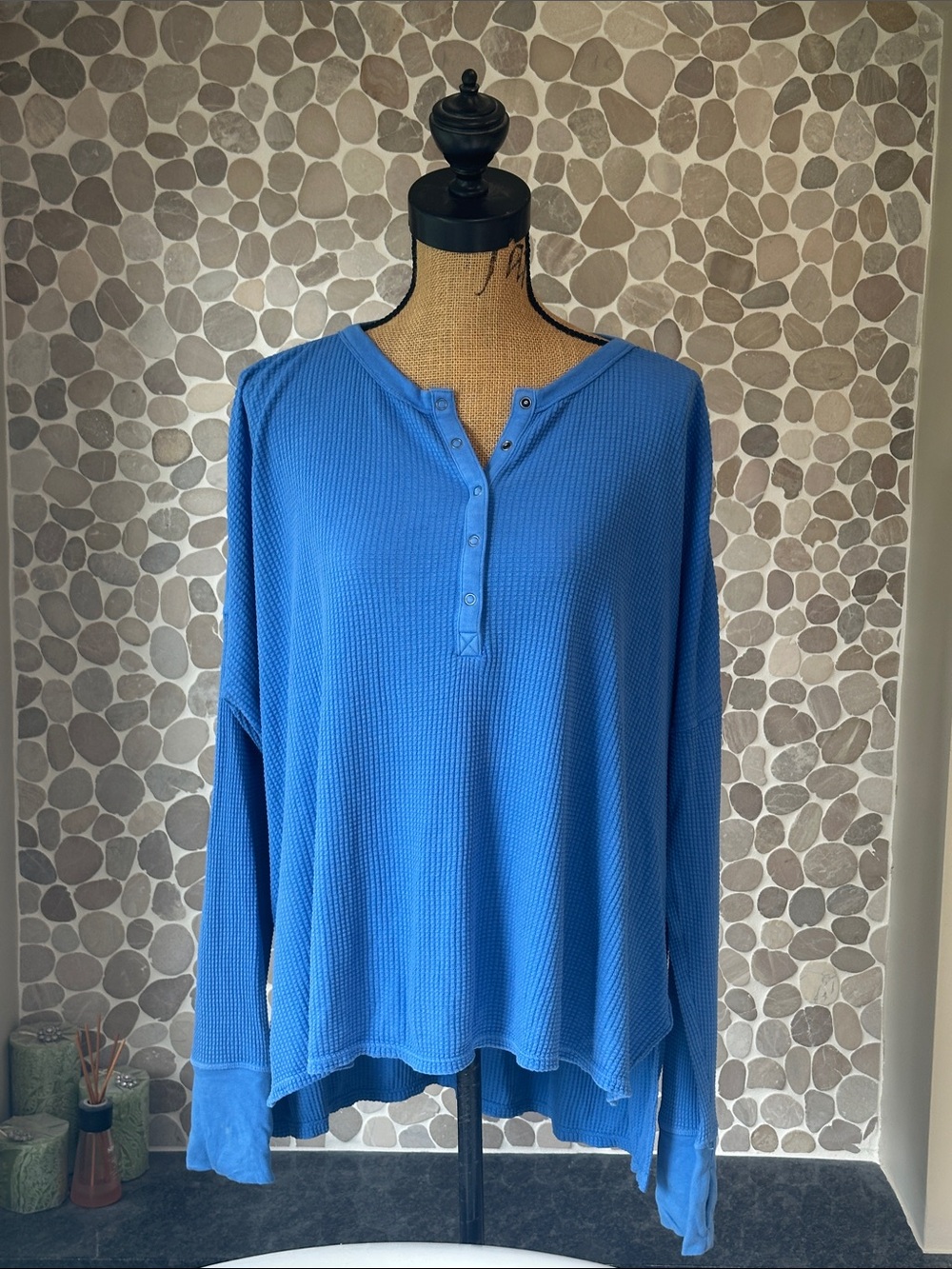 aerie Blue Waffle-Knit Henley Long Sleeve Top